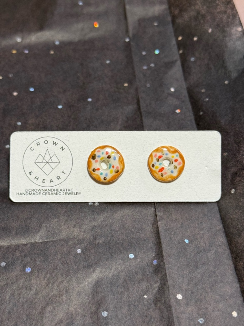 NWT Crown & Heart Handmade Donut Stud Earrings - Tan with Multicolor Sprinkles